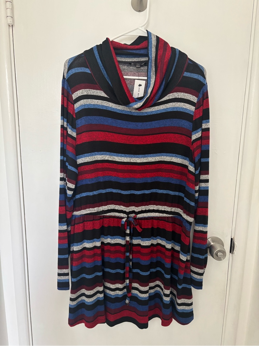 Lane Bryant Striped Cowl Neck Sweater Dress in Red, Blue, Black, Gray